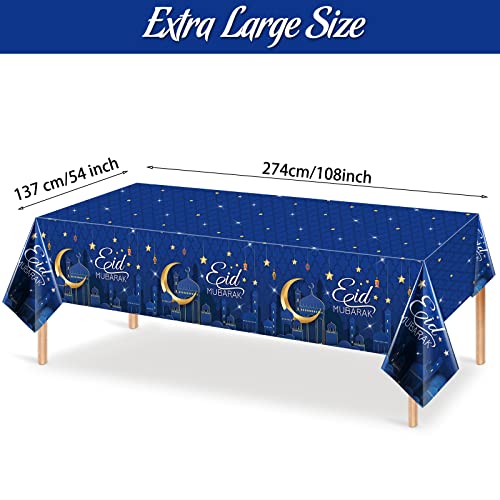 Tiamon 3 Pieces Eid Mubarak Tablecloth Plastic Ramadan Table Cover Decorations Rectangular Eid Mubarak Table Cloths Eid Mubarak Party Supplies Favors for Ramadan and Eid, 54 x 108 Inch(Blue)