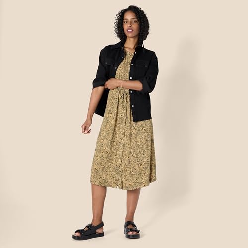 Amazon Essentials Women's Relaxed Fit Half-Sleeve Breathable Button Front Drawstring Waist Midi A-Line Dress with Pockets - color: Camel/Black - Mini Ikat Animal, size: Medium