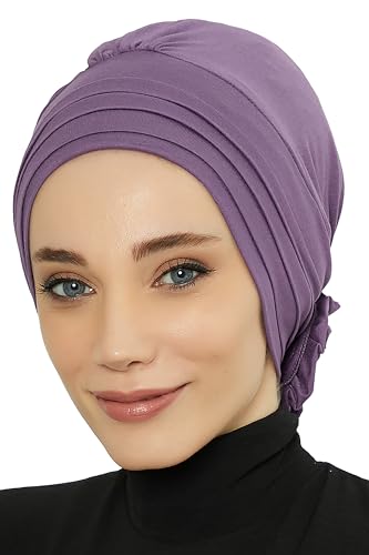 Aisha's Design Instant Turban Head Wraps for Women, Combed Cotton Scarf Lightweight Pre tied Hijab with Back Rose Detail - color: Purple