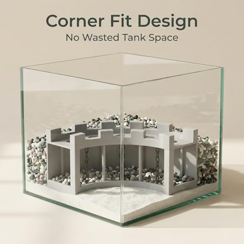 Aquarium Underground Corner Cave Hideout, Natural Curve with Chain Design, Fish Tank Decor Includes Stones & Turtle Ornament, Hiding Tunnel Perfect for Betta Shrimp Corydoras Kuhli Loach Pleco