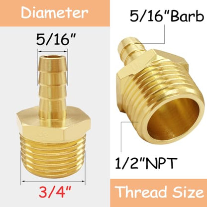 Uenede 6PCS Brass Hose Barb Fittings 1/2" NPT Male to 5/16" Barb Adapter Connector Include 6 Stainless Steel Clamps for Water/Oil/Gas - size: 5/16"Barb, style: 1/2"NPT Male
