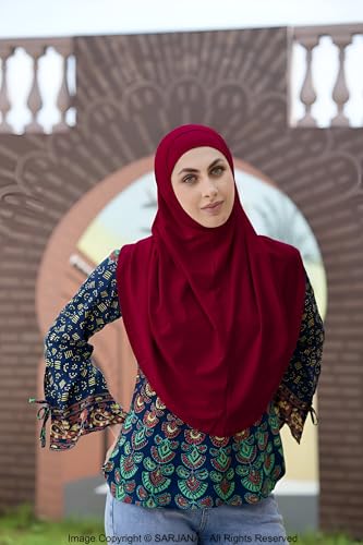 SARJANA Women's Solid Color Cotton Hijab with Under Scarf Cap Ready to Wear Stretch Scarves Long Scarfs FREE SIZE - color: Maroon