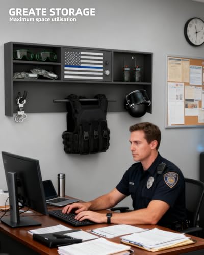 Police Gear Rack,Wall Mounted Lock Safe Police Tactical Vest Hanger | Gun Storage Plate Carrier Tactical Gear Stand with Decorative Flags,Law Enforcement Organizer for Police Veteran Gift