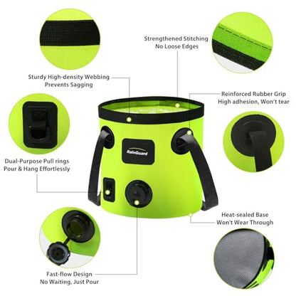 Collapsible Bucket with Handle, 5.3 Gallon Water Container, Green | Folding Water Bucket, Fast-flow, Portable, with 2 Clear Wash Basin, for Camping Fishing Travelling Outdoor Gardening