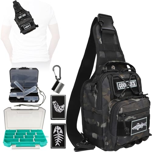 Small Fishing Backpack, Waterproof Fly Fishing Sling Pack Tackle Bag with Tackle Boxes - color: A-Black(Size:17.7*8.5*5.7in)