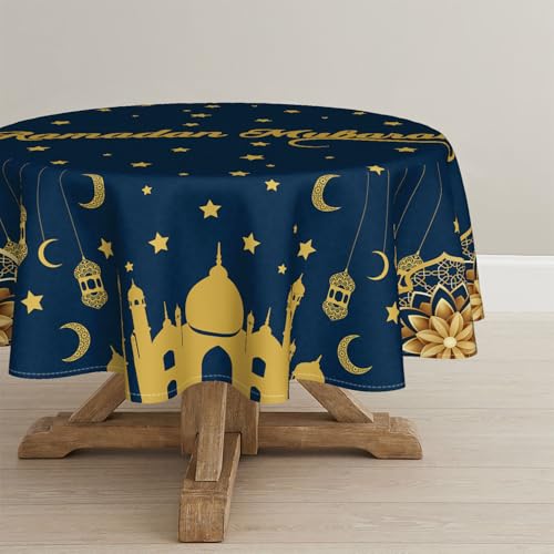 Horaldaily Ramadan Tablecloth 70×70 Inch Round, Blue Gold Moon Star - size: 70" (Round)