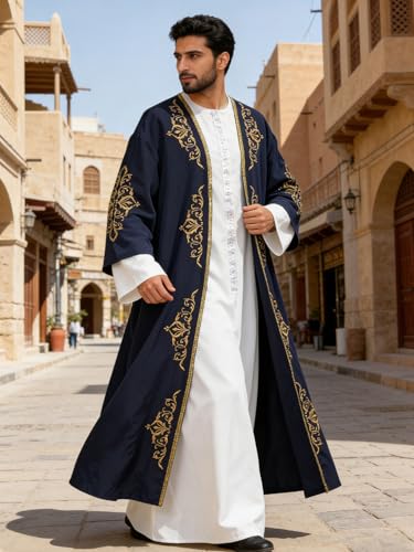 ABaoWedding Men's Kaftan,Muslim Robe Thobe Caftan,Long Sleeve Embroidered Casual Formal Dubai Thobe - size: Large