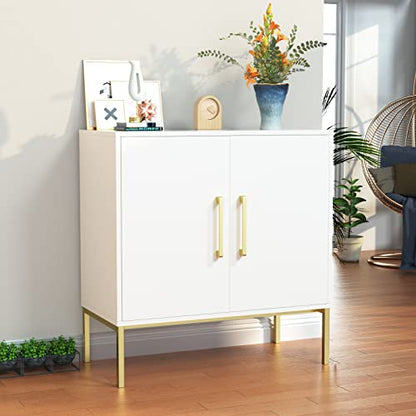Buffet Sideboard Cabinet with Storage, Modern Wooden Cabinet with Adjustable Shelves, White and Gold Cabinets for Living Room, Kitchen, Hallway