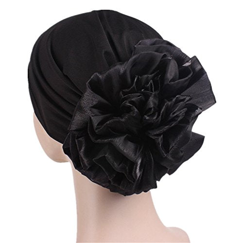 Women Flower Elastic Turban Beanie Head Scarf wrap Chemo Cap hat for Cancer Patient - color: Black