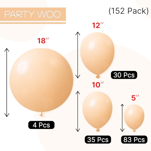 PartyWoo 누드 풍선 152피스 다양한 사이즈 45.7cm(18인치), 30.5cm(12인치), 25.4cm(10인치), 12.7cm(5인치), 살구, 보헤미안 가을 뉴트럴 풍선 아치 키트, 가랜드, 졸업 생일 소년 베이비 샤워 테마 파티 장식, 브라운-F05 - color: Apricot-f05