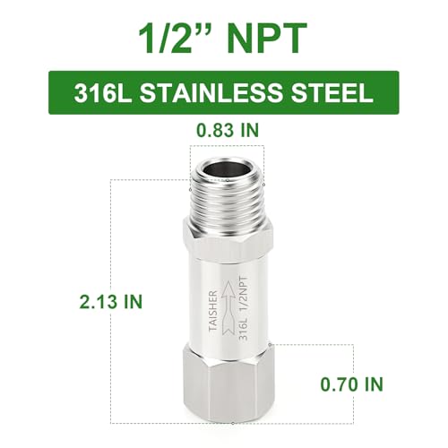 1PCS 316L Stainless Steel 1/2" NPT Male x 1/2" NPT Female Check Valve,Backflow Prevention,One Way Non-Return Check Valves - size: 1/2" (Fx M)NPT