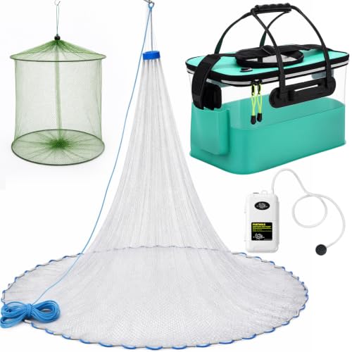 3 Pcs Fishing Bucket, Live Bait Aerator and Fishing Cast Net with Heavy Duty Sinker Foldable Live Bait Bucket Portable Quiet Aerator Fish Transport Container Outdoor EVA Bag - color: Blue, size: 8 Gallon