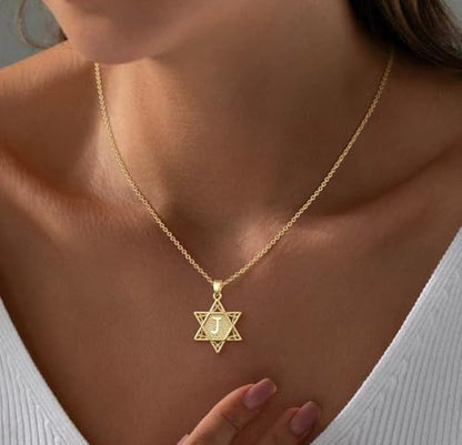 Gold Initial Necklaces for Women Dainty Pendant Letter Necklace 14K Gold Plated Jewish Star of David Religious Jewelry Personalized Gift Non Tarnish Waterproof 16.5-18.5 Inches - style: Initial J