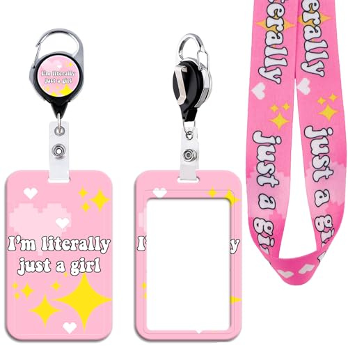 I'm Literally Just a Girl Retractable Badge Reel – Pink Aesthetic ID Holder with Glass Metal Clip, Cute Work Lanyard with Badge Holder Accessories for Women, Girls, Nurse - style: Quoto2