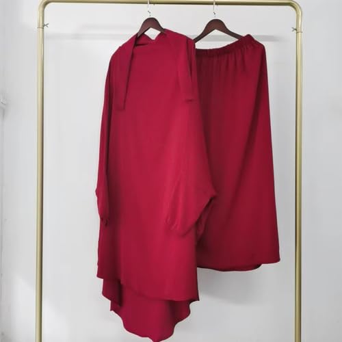 ODIZLI Two Pieces Jilbab and Dress for Muslim Women Long Khimar and Skirt Available for Prayer - color: Wine Red