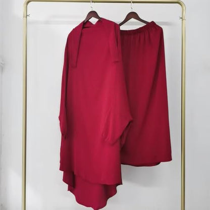 ODIZLI Two Pieces Jilbab and Dress for Muslim Women Long Khimar and Skirt Available for Prayer - color: Wine Red