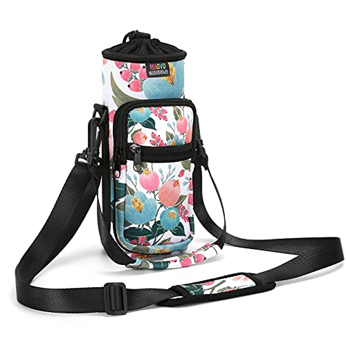 Nuovoware Water Bottle Carrier Bag, 25oz/32oz, Rosebush pink | Adjustable Shoulder Hand Strap, 2 Pocket, Neoprene Sleeve, For Hiking Travelling Camping - color: Rosebush Pink, size: 25-32 Ounces - Standard