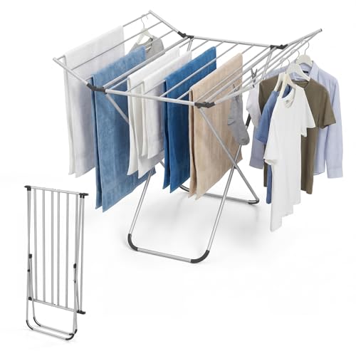 GOFLAME Clothes Drying Rack, Laundry Drying Rack with 2 Foldable Wings, 14 Drying Rods, Free-Standing Collapsible Laundry Airer for Clothes, Towels, Bed Linens, Indoor Outdoor Use, No Assembly Needed - size: 41” x 37” x 41”