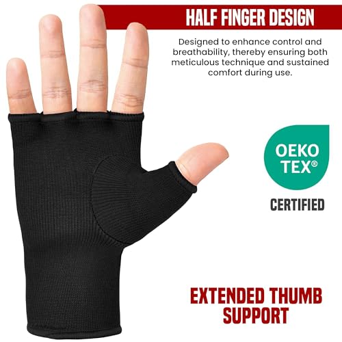 RDX Boxing Hand Wraps Inner Gloves Men Women, Half Finger Elasticated Bandages, Under Mitts Fist Protection, Muay Thai, Kickboxing, MMA, Martial Arts Speed Bag Punching Training - color: Full Black, size: Large