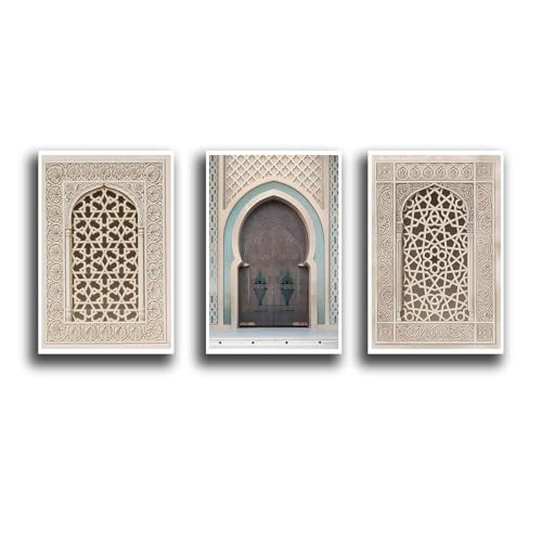Moroccon Mosque Window Decor Wall Art Mosque Architecture Home Decorations Muslim Wall Art Islamic Gifts Ramadan Decorations 3Pcs Canvas Prints indoor Home decor for Living Room Bedroom Offices - color: Moroccon Mosque Window Decor, size: 16x24in-3PCS-Fra