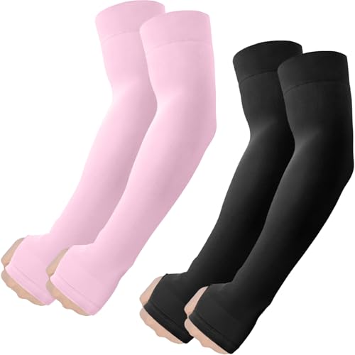 ROXUN Arm Sleeves with Thumb Hole, Cooling UV Sun Protection Compression Tattoo Cover Up for Men/Women - color: 2 Pairs - Black+pink