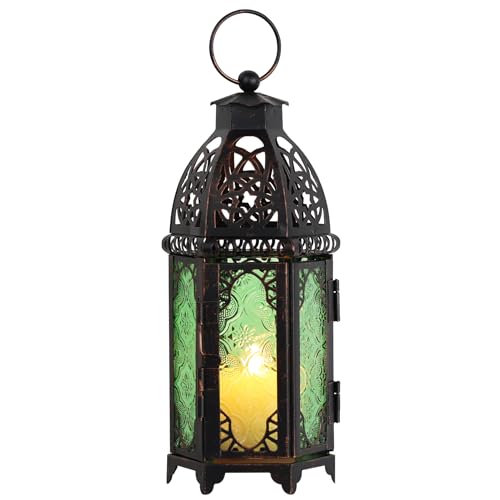 NEEDOMO Hanging Moroccan Lantern, 11'' Vintage Candle Holder, Metal Lanterns Decorative Indoor Outdoor, Table, Patio, Porch, Shelf, Gothic Home Decor (Green, Medium Size) - color: Green, size: Medium