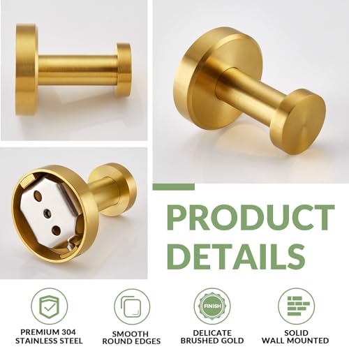APLusee Brushed Gold Bathroom Towel Hooks 2 Pack, 304 Stainless Steel Robe Hooks for Kitchen Garage, Wall Mounted - color: Brushed Gold, size: 2 Pack