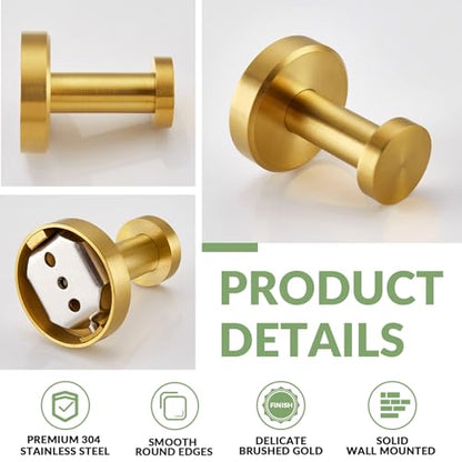 APLusee Brushed Gold Bathroom Towel Hooks 2 Pack, 304 Stainless Steel Robe Hooks for Kitchen Garage, Wall Mounted - color: Brushed Gold, size: 2 Pack