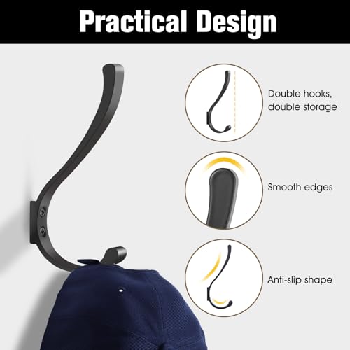 4 Pack Wall Hooks, 5.6 in Large Heavy Duty Black Coat Hooks Wall Mount Metal Towel Hooks Holder Coat Hanger Double Hooks with Screws Robe Hook for Hanging Clothes, Towel, Backpack, Bag, Hat