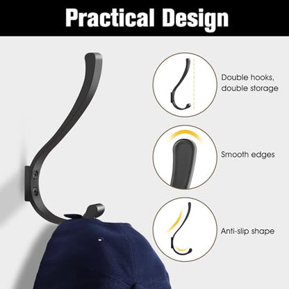 4 Pack Wall Hooks, 5.6 in Large Heavy Duty Black Coat Hooks Wall Mount Metal Towel Hooks Holder Coat Hanger Double Hooks with Screws Robe Hook for Hanging Clothes, Towel, Backpack, Bag, Hat