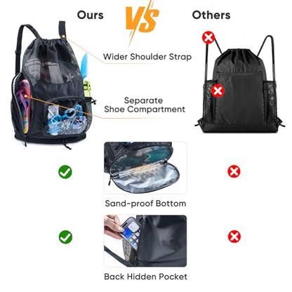 Mesh Drawstring Backpack with Shoe Compartment, Sandproof Beach Swim Bag with Wet Pocket, Pool Gym Shower Bag for Travel Summer Camp - color: Black, style: Style a