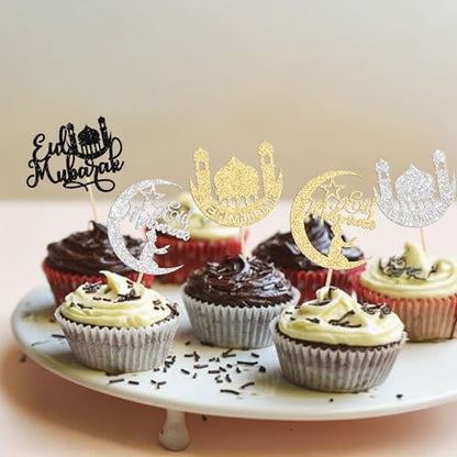24 Pack Cupcake Toppers - Moon Star Happy Eid Mubarak Cupcake Picks - Islamic Muslim Theme - Ramadan Kareem Eid Party Cake Decorations - color: Gold-2