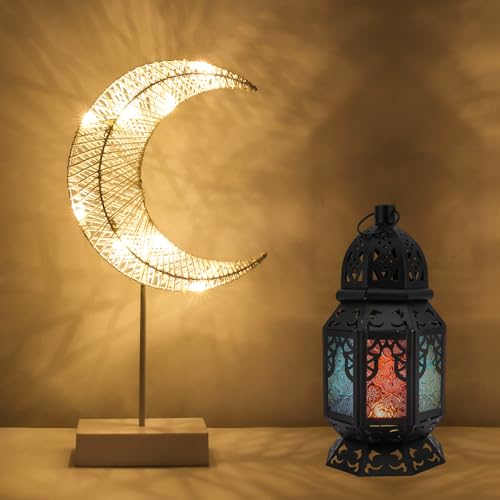 Lewondr Ramadan Lights, Retro Iron Ramadan Candle Lantern with Moon Shape Ramadan Desk Lamp Décor for Home Bedroom Romantic Bedside Desktop Nightstand Decoration