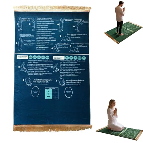 Bilingual Guided Prayer Mat with Direction Finder, Read in English and Say It in Arabic Guided Prayer Mat for Salah and Meditation (Blue, L)