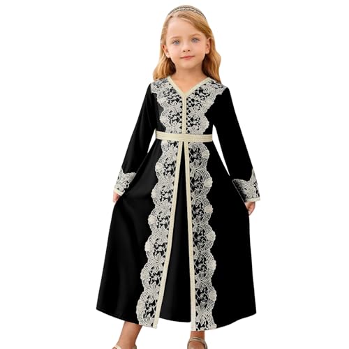 FYMNSI Kids Girls Muslim Abaya Dress Modest Lace Belted Prayer Dress Islamic Maxi Robe Kaftan Ramadan Arabian Dubai Clothes - color: Black, size: 6-7 Years