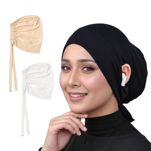 Jersey Hijab Undercap with Earhole, Slouchy Stretch Beanie Inner Caps, Breathable Under Scarf Liner Cap (1PC/3PC) - color: Black+white+beige