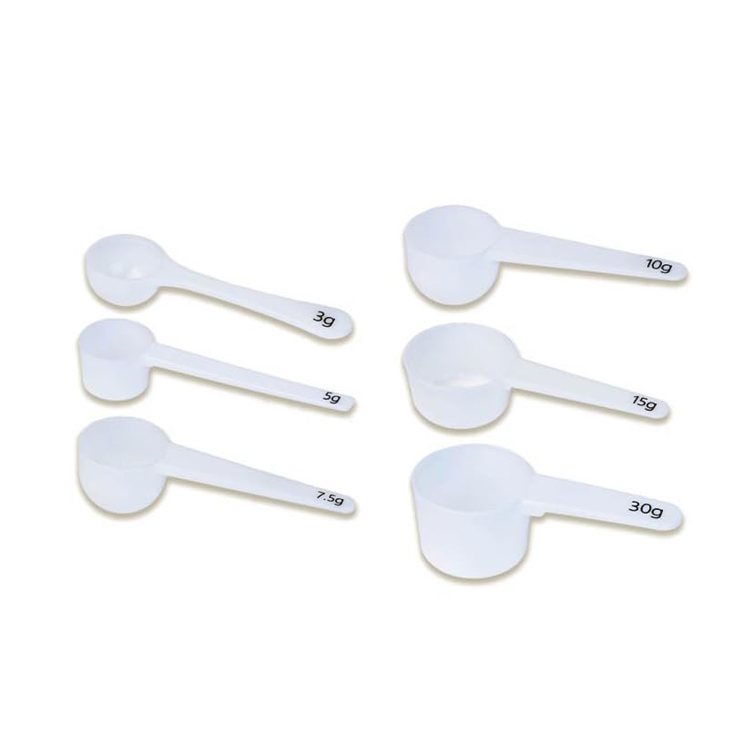 Measure spoons | measuring spoons set of 6 | exact dosing 3 gram scoop, 5 gram scoop, 7,5g, 10g, 15g, 30g | kitchen measuring set for powder and liquids | plastic medicine spoon and cups