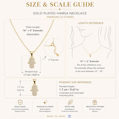 Made In Israel 14K Gold Plated Stainless Still Hamsa Necklace for Women – Jewish Symbol Pendant from Israel – Elegant Hebrew With Cubic Zirconia Dainty Religious Jewish Jewelry - color: Gold