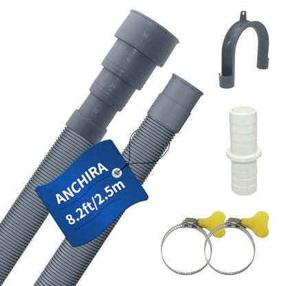 8.2 FT Washing Machine Drain Hose, Flexible Dishwasher Drain Hose Extension Kit, Universal Washer Drain Hose, Corrugated Washer Hose with 1 Adapter, 2 Hose Clamps, 1 U-Bend Hose Holder - size: 8.2 FT