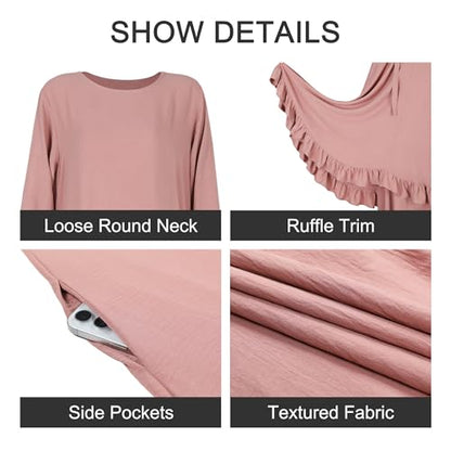 2PCS Abayas for Women Muslim Dress Ruffled Hem Modest Prayer Robe Full Coverage Modest Jilbab Set - color: Wine Red, size: Medium