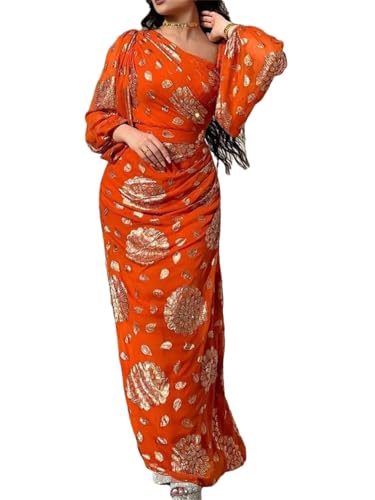 Women Floral Gold Stamping Chiffon Dress Turkish Dubai Party Evening Dress Puff Sleeve Long Gown - size: XX-Large