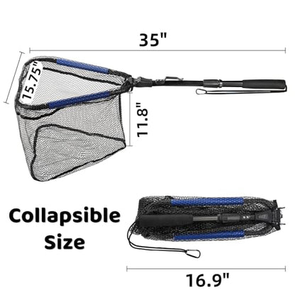 Noamus Floating Fishing Net, 35" Fishing Landing Net with Collapsible Telescopic Pole Handle, Rubber Coated Mesh Folding Fly Fish Net for Salmon Steelhead Bass Trout Walleye Kayak, Fresh Salt Water