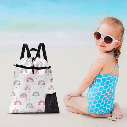 Rainbow Drawstring Backpack, 15” x 17” Waterproof Swim Bag for Beach Swimming Pool, Lightweight Foldable Gym Bag with Water Bottle Holder for Sports Travel - color: Rainbow