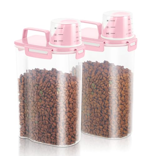2 Pack 3 Lbs Pet Dog Cat Food Bird Seed Storage Containers for Travel -Pink | Airtight 5 Lbs Rice Dispenser Flour Container Keep Fresh Portable Cereal Oatmeal Holder Large Pour Spout Measuring Cup Handle - color: Pink-3L 2Pack