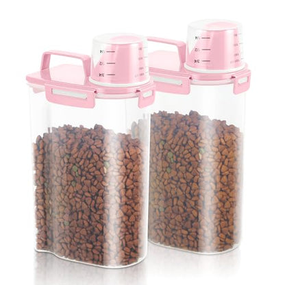 2 Pack 3 Lbs Pet Dog Cat Food Bird Seed Storage Containers for Travel -Pink | Airtight 5 Lbs Rice Dispenser Flour Container Keep Fresh Portable Cereal Oatmeal Holder Large Pour Spout Measuring Cup Handle - color: Pink-3L 2Pack