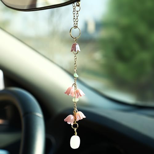 Car Rear View Mirror Accessories Car Hanging Ornament, Dark Pink Lily of The Valley Handmade Crystal Rearview Decor Charm Clear Quartz Beads Flower Swinging Interior Decor for Women Men - color: Dark Pink Lily