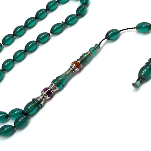 EXCLUSIVE COLLECTION -Handmade Silver Engraved Bakelite Tesbih, Tasbih, Islamic Rosary, Islamic Prayer Beads, Misbaha (7x10mm 33 Teal Green Beads) - color: 7x10mm 33 Teal Green Beads
