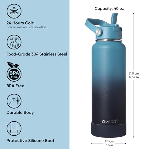 CIVAGO 40 oz Insulated Stainless Steel Water Bottle with Detachable Straw, Large Metal Water Jug with Bucket Handle, Leakproof Sports Water Flask with Silicone Boot, Dishwasher Safe, Indigo Black - color: .Indigo Black, size: 40 Ounces