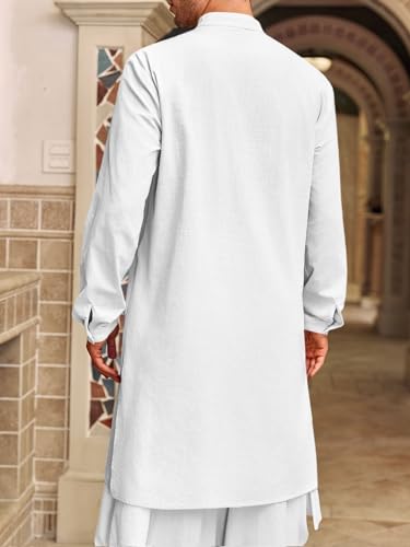 Runcati Mens Kaftan Thobe Button Down Henley Shirts Robe Long Sleeve Casual Cotton Linen Muslim Gown Shirt - color: White, size: XX-Large