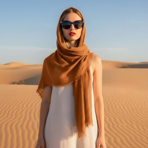 Nydotd Women Summer Cotton Linen Scarf Crinkle Long Beach Shawl Wrap hijab with Fringe - color: Caramel